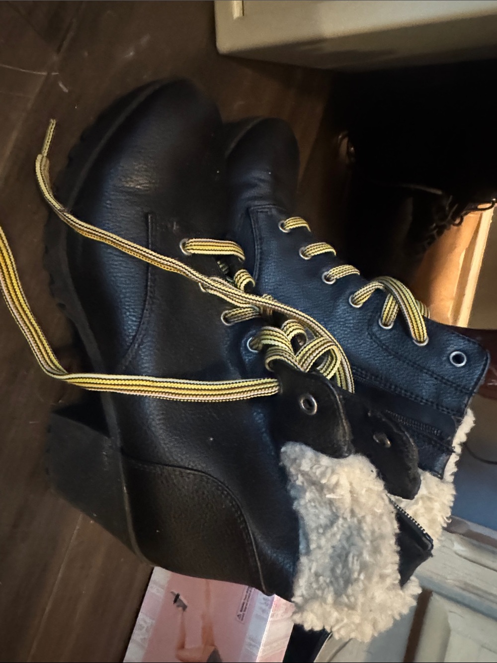 Black Faux-Leather Lace-Up Boots with Shearling Trim